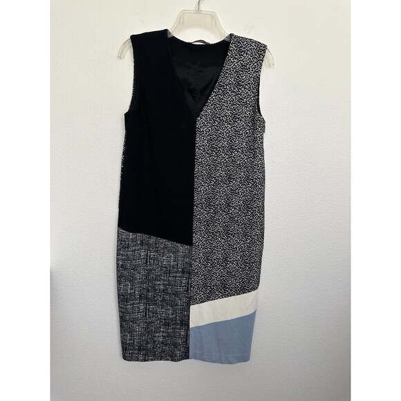MaxMara Sheath Patchwork Dress V-Neck Workwear Black Blue Size 8 Made in Italy - Picture 2 of 9
